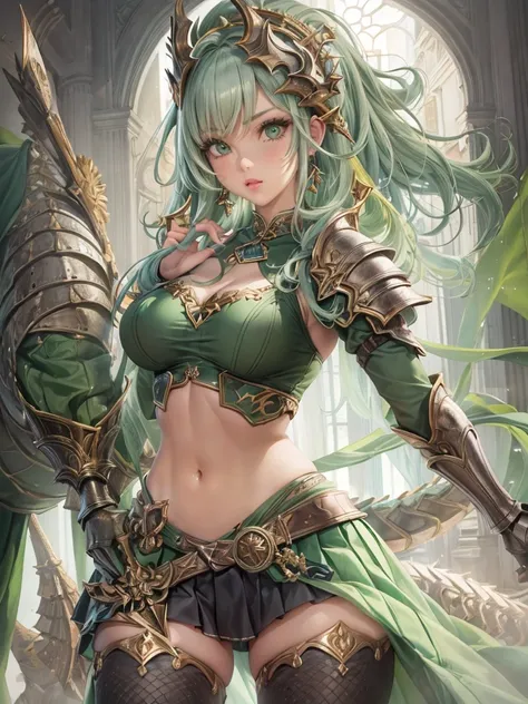 8k, RAW Portrait ,masterpiece、Realistic:1.2、Realistic, Ultra-high resolution, highest quality, Real Life Photos ,( in the evening :1.1), ((((1 female:1.5))))、(Cute face:1.3), Voluptuous, Busty White-Haired Female Knight in ((Dragon Themed green metal bikin...