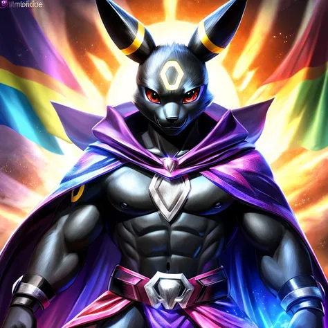 Black umbreon with a bright gay pride cape., altura completa, divino, sharp focus, renderizado de octanaje, HDR, atomspheric,