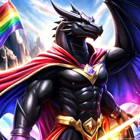 black dragon with a bright  and a flowing gay pride cape., altura completa, divino, sharp focus, renderizado de octanaje, hdr, a...