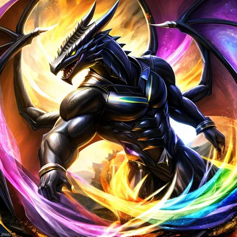 black dragon with a bright  and a flowing gay pride cape., altura completa, divino, sharp focus, renderizado de octanaje, hdr, a...