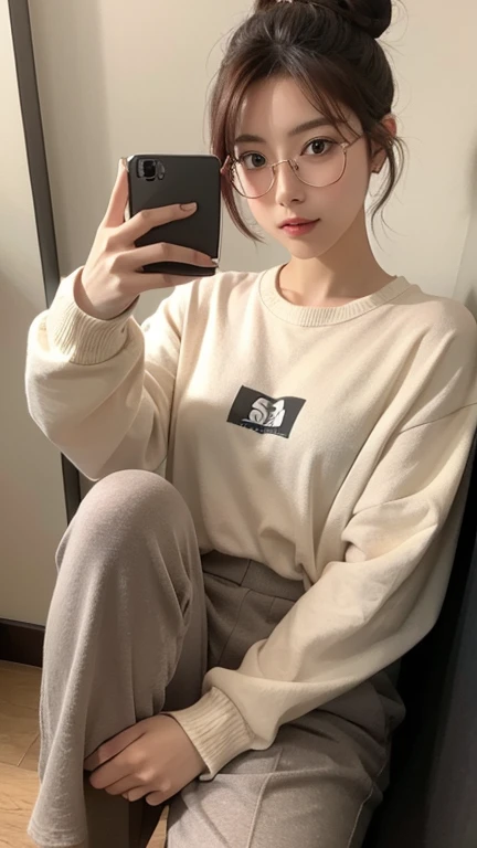 ((Selfie))、鏡の前でSelfie、A woman carrying a body bag、Headphones、Gold frame glasses、((Low bun hairstyle))、Burgundy colored hair、coffee、Beautiful woman、Daytime、gentle sunlight through、Casual Fashion、Long sleeve、Long trousers