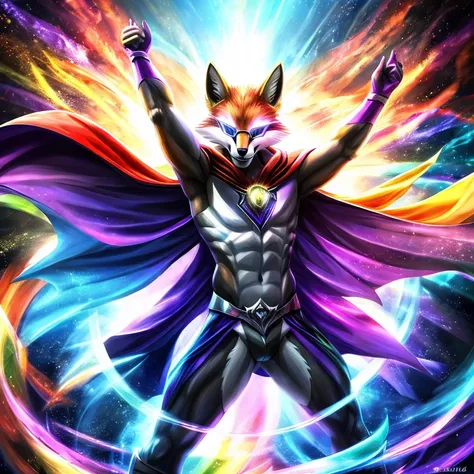 Fox with a bright  and a flowing gay pride cape., altura completa, divino, sharp focus, renderizado de octanaje, HDR, atomspheric,