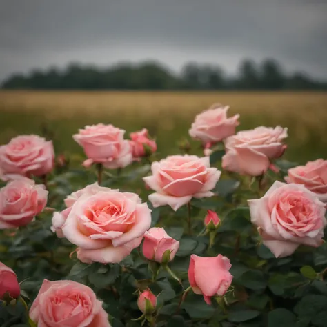 (a close-up view ,rosefield,Beautiful roses,blooming roses,bright colors,Tightly packed roses,soft petals,breeze,green leaves,fertile land,refreshing scent,Summer mood,peaceful atmosphere,blooming nature,the beauty of serenity,(best quality,high resolution...