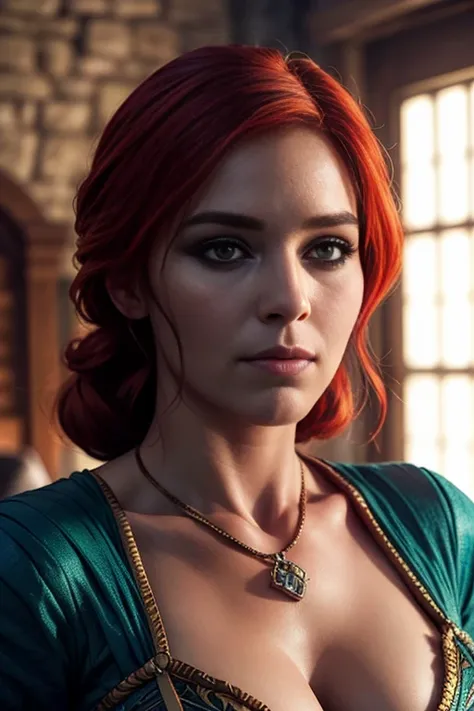 score_9, score_8_up, score_7_up, score_6_up, score_5_up, 1girl, triss, game of thrones, tight green dress, cleavage, red hair, (...