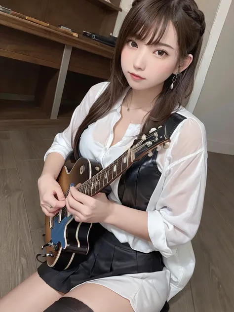 (highest quality, masterpiece: 1.2), Ultra-high resolution, Realistic, Perfect lighting, Intricate details, Exquisite detail and texture, 1 Girl, guitarist playing guitar, The guitar is a blue metal electric guitar that mixes blue and white., passionately ...