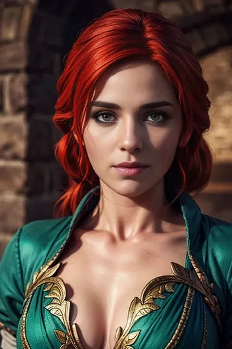 score_9, score_8_up, score_7_up, score_6_up, score_5_up, 1girl, Triss, Game of Thrones, tight green dress, cleavage, red hair, (insanely detailed, beautiful detailed face, masterpiece, best quality)