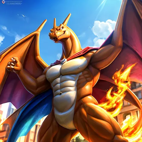 charizard  with a bright and a flowing gay pride cape., altura completa, divino, sharp focus, renderizado de octanaje, hdr, atom...