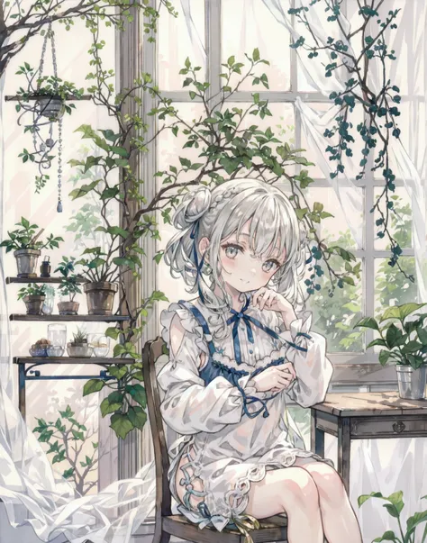 natural lighting, by the window, siting on chair, gentle smile, seductive grin, upturned cheeks, slightly shining silver gray hair, coquettish hair, half up do,  baby doll, silky gloss, plants, (atelier series:1.3), alchemist, 