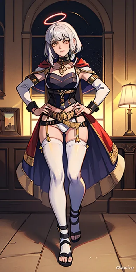 paladin lady in ornate golden armor, black collar, pauldrons, breastplate, corset, glowing halo, short hair, bob hair style, white silver hair, yellow glowing eyes, bright pupils, eye focus, red cape, temple indoors, stained glass windows, night, moonlight...