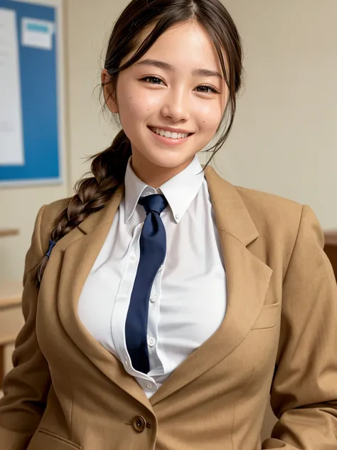 masterpiece, High resolution, Portraiture, highest quality, High resolution,
Realistic, alone, school blazer uniform,  School classroom during the day,Smiling and showing beautiful teeth,(Braid),Less exposure、Large Breasts、Very young face、Small woman、A bla...