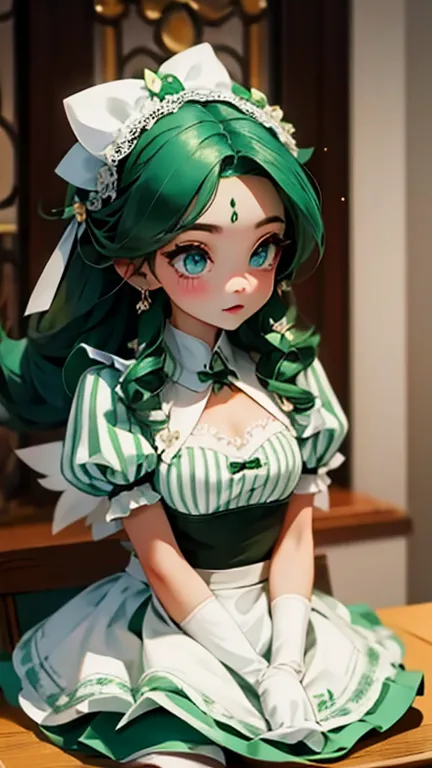 pastry chef fairy、(((maid clotheint green and white stripes)))、dreamy cuteness、feminine、looks delicioueringue、voluminous hair、wh...