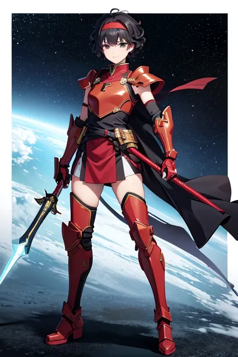 Anime Art、Full body portrait、Space SF Armored Warrior、A woman around 42 years old, around 160cm tall, wearing red armor and hakama, standing upright with a spear in her hand、Bossy smile、Curly short black hair、Flat chest、Arm guard、Leggers、boots、headband