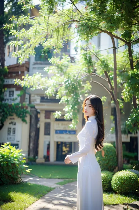 (best quality,4k,8k,highres,masterpiece:1.2),ultra-detailed,realistic,close-up portrait,Asian girl, purple Vietnamese Ao Dai,beautiful detailed hair,lively colors,graceful pose,elegant atmosphere,vibrant flowers,soft sunlight,nostalgic vibes,sunlit cobbles...