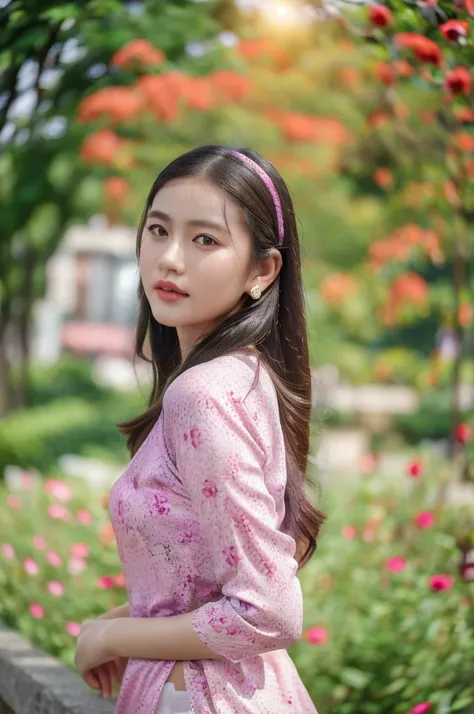 (best quality,4k,8k,highres,masterpiece:1.2),ultra-detailed,realistic,close-up portrait of an Asian girl wearing purple Vietnamese Ao Dai,beautiful detailed hair,lively colors,graceful pose,elegant atmosphere,vibrant flowers,soft sunlight,nostalgic vibes,s...