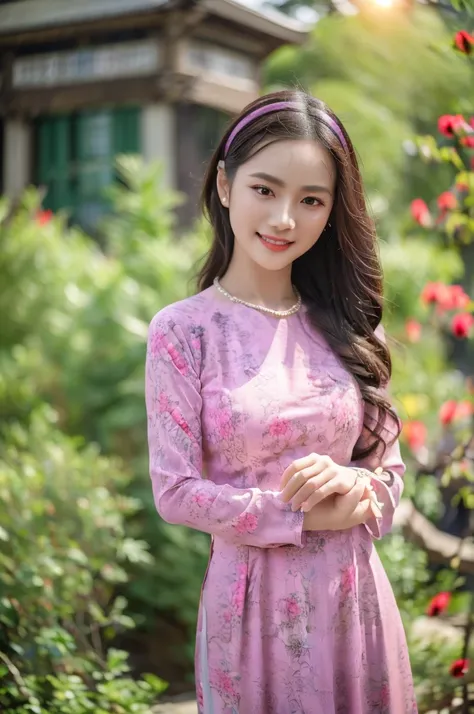 (best quality,4k,8k,highres,masterpiece:1.2),ultra-detailed,realistic,close-up portrait of an Asian girl wearing purple Vietnamese Ao Dai,beautiful detailed hair,lively colors,graceful pose,elegant atmosphere,vibrant flowers,soft sunlight,nostalgic vibes,s...