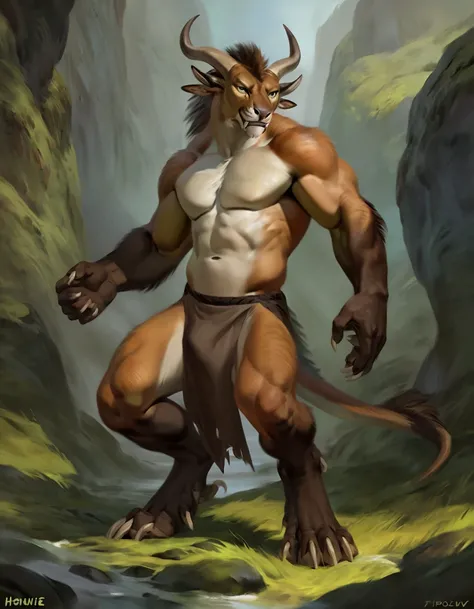 Charr, comic book style, illustration, solo, ferocious, male, [[masculine pose]], torn loincloth, masterpiece, best art, full body, by chunie, by taran fiddler, by honovy, detailed eyes, detailed body, claws, masculine body shape, fantasy, tall, topless, p...