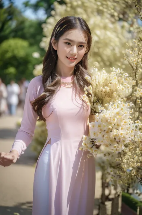 (best quality,4k,8k,highres,masterpiece:1.2),ultra-detailed,realistic,close-up portrait of an Asian girl wearing orange Vietnamese Ao Dai and white pants,beautiful detailed hair,lively colors,graceful pose,elegant atmosphere,soft sunlight, sunlit cobblesto...