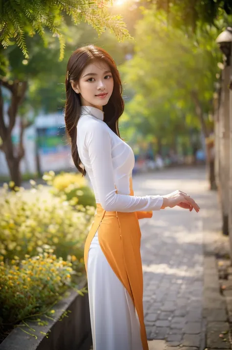 (best quality,4k,8k,highres,masterpiece:1.2),ultra-detailed,realistic,close-up portrait of an Asian girl wearing orange Vietnamese Ao Dai and white pants,beautiful detailed hair,lively colors,graceful pose,elegant atmosphere,soft sunlight, sunlit cobblesto...