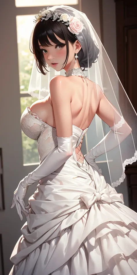 Close-up of beautiful bride wearing beautiful wedding dress, Gurwitz, (bridal veil:1.5), (Transparent short veil:1.5), Blushing face, head flower, headgear, (tube top wedding dress: 1.5), (Silk dress: 1.2) (Strapless wedding dress: 1.5) pure white dress, n...