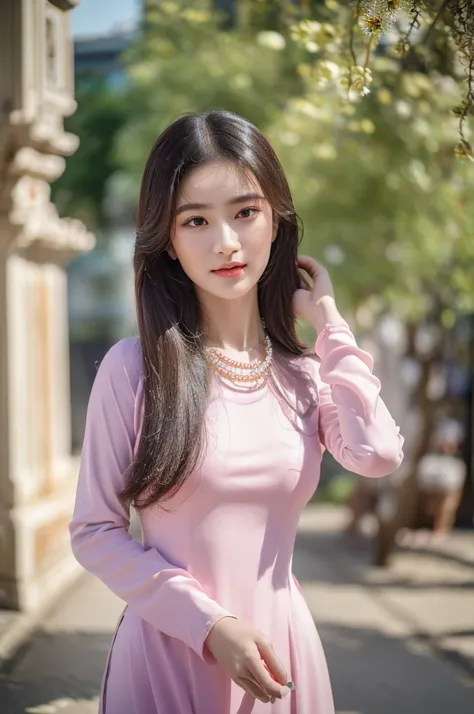 (best quality,4k,8k,highres,masterpiece:1.2),ultra-detailed,realistic,close-up portrait of an Asian girl wearing pink Vietnamese Ao Dai and white pants,beautiful detailed hair,lively colors,graceful pose,elegant atmosphere,soft sunlight, sunlit cobblestone...