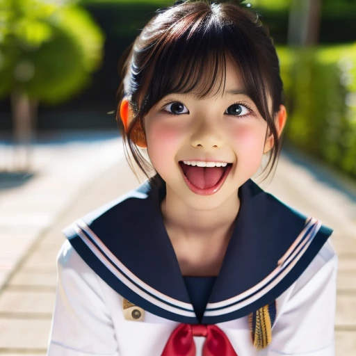 Japanese,10 years old,Short Hair,look up,Stick your tongue out,Show me your tongue,Tongue sticking out,cute,Summer sailor uniform,Sitting,barefoot