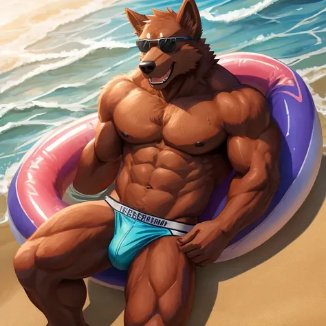 POV,top angle,sleep on stomach,lats,trapezius,butt lift,kemono, anthro (brown dog), male, (brown dog), muscular, back, red body, white belly ,sweat, ((correct anatomy)), stand on sea, beach, perfect beach background, 1 boy, solo, wearing jockstrap, pain ex...