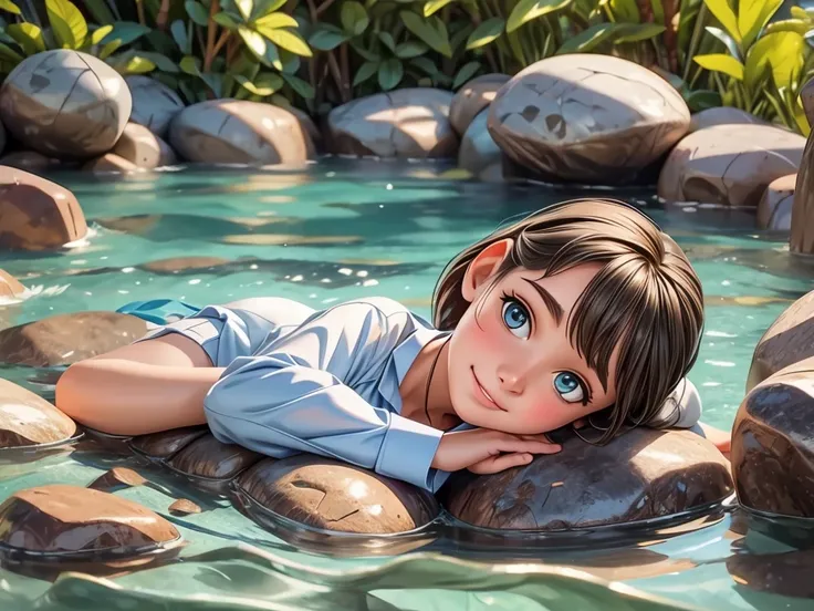 a girl floating on the sea,illustration,detailed waves,sparkling water,crystal clear ocean,best quality,ultra-detailed,realistic underwater scene,vivid colors,sunlight reflecting on water,soft sunlight,calm and peaceful atmosphere,portraits,horizon at suns...