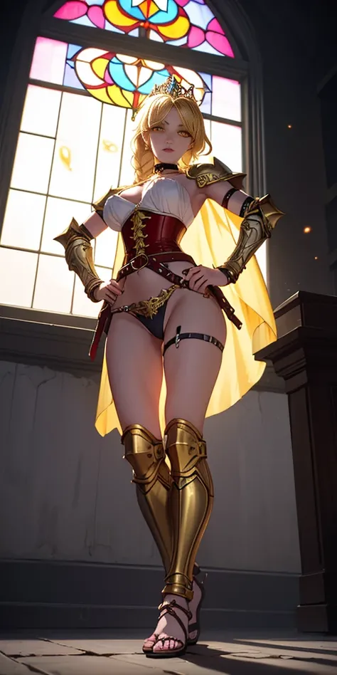 paladin lady in ornate golden armor, black collar, pauldrons, breastplate, corset, glowing halo, single braid, blonde, yellow glowing eyes, bright pupils, eye focus, red cape, temple indoors, stained glass windows, night, moonlight, particles, light beam, ...