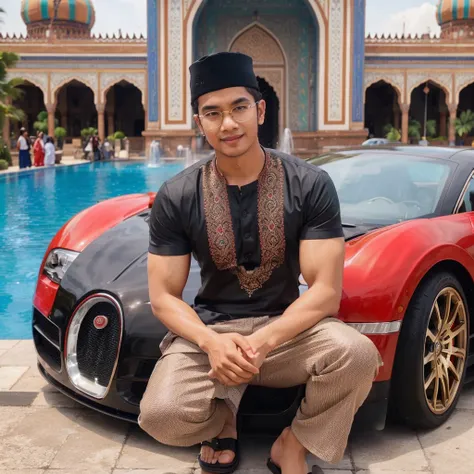 Real photo of Young Indonesian man wearing a black Moslem cap, muscular, white skin, oval face, wearing a clear rectangle browline glasses, next to the door of a red Bugatti Veyron by Mansory Vivere Car, with an aerodynamic design, smiled faintly, wearing ...