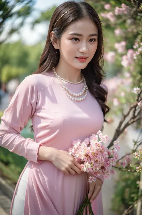 (best quality,4k,8k,highres,masterpiece:1.2),ultra-detailed,realistic, close-up portrait of an Asian girl wearing pink Vietnamese Ao Dai and white pants, pearl necklace, beautiful detailed hair, smirking, graceful pose, elegant atmosphere, soft sunlight, a...