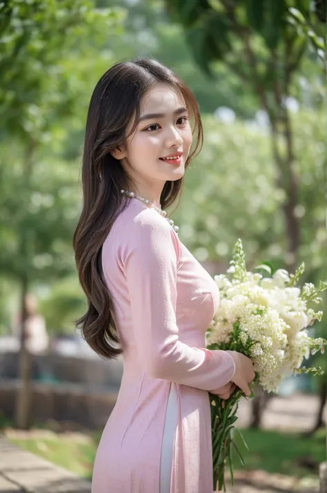 (best quality,4k,8k,highres,masterpiece:1.2),ultra-detailed,realistic, close-up portrait of an Asian girl wearing pink Vietnamese Ao Dai and white pants, pearl necklace, beautiful detailed hair, smirking, graceful pose, elegant atmosphere, soft sunlight, a...