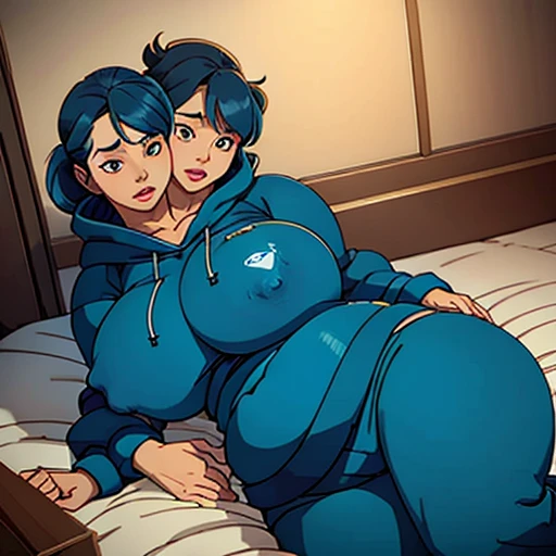 Cute two headed excessively fat gurl with blue hair laying on her stomach and breasts in form fitting sweatpants and a hoodie 