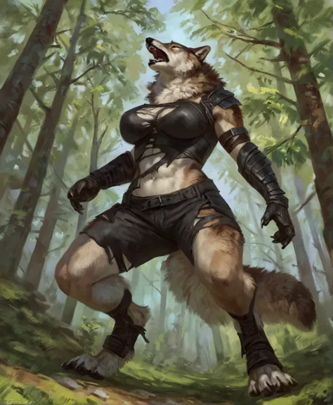 Female wolf, comic book style, illustration, solo, abs, covered breasts, concentrated expression, feminine body, masterpiece, best art, full body, digitigrade, by oouna, by taran fiddler, torn shorts, torn shirt, torn leather armor, detailed hands, tall, d...