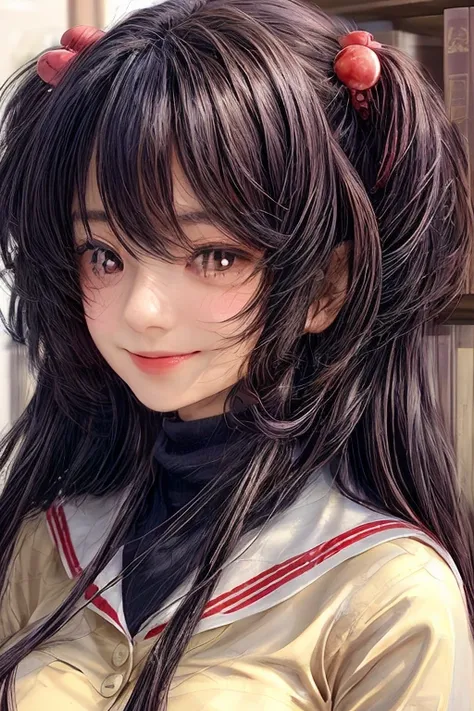 ((masterpiece)), (best quality), (perfect face), (extreme detailed face), (extreme detailed eyes) 1girl, (((Kotomi))), full face, long hair, beautiful eyes, blush, solid pupils, library, holding a book,  ((slight smile)), (official art, extreme detailed, i...