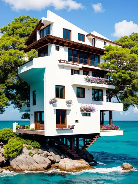 Perfection The Coolest tree house on a large rock in the middle of the sea with flowers in front of the house and trees on both sides of the house
