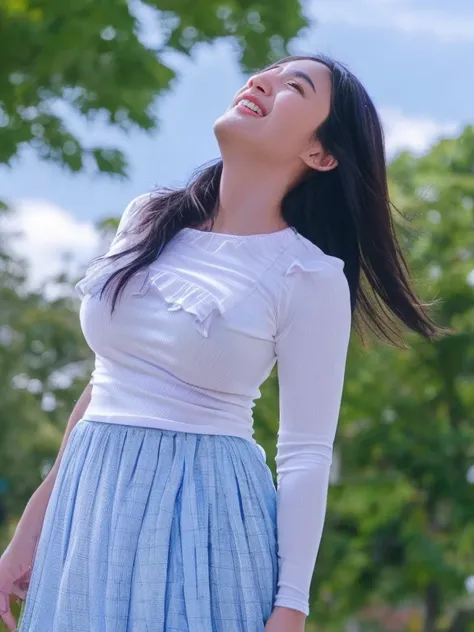 Japanese　Beautiful woman　smile　Beauty　Large Breasts　　Gazing into the distance　Full body photography　Beautiful face　　Standing looking up at the sky　Long Hair　　White color frill skirt　Blue mesh blouse