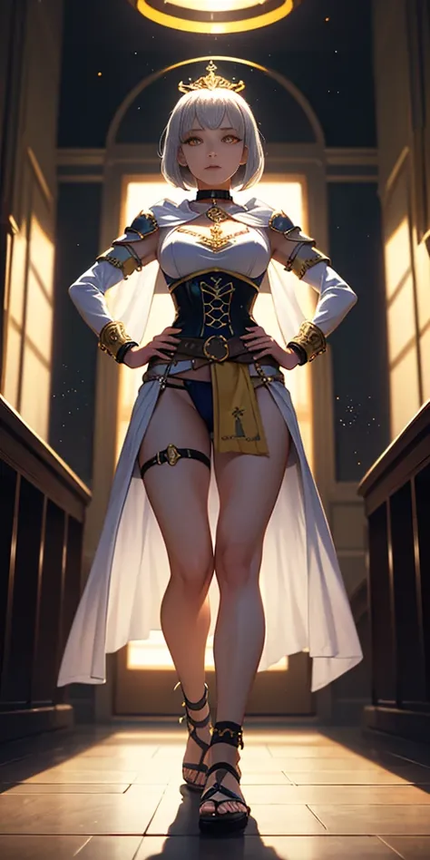 paladin lady in ornate golden armor, black collar, pauldrons, breastplate, corset, glowing halo, short hair, bob hair style, white silver hair, yellow glowing eyes, bright pupils, eye focus, red cape, temple indoors, stained glass windows, night, moonlight...