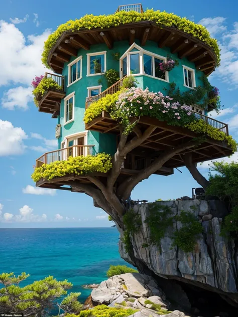 Perfection The Coolest tree house on a large rock in the middle of the sea with flowers in front of the house and trees on both sides of the house
