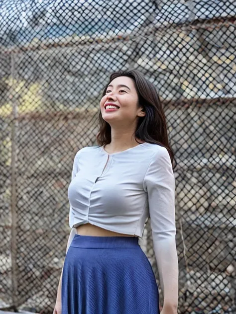 Japanese　Beautiful woman　smile　Beauty　Large Breasts　　Gazing into the distance　Full body photography　Beautiful face　　Standing looking up at the sky　Long Hair　　White color frill skirt　Blue mesh blouse