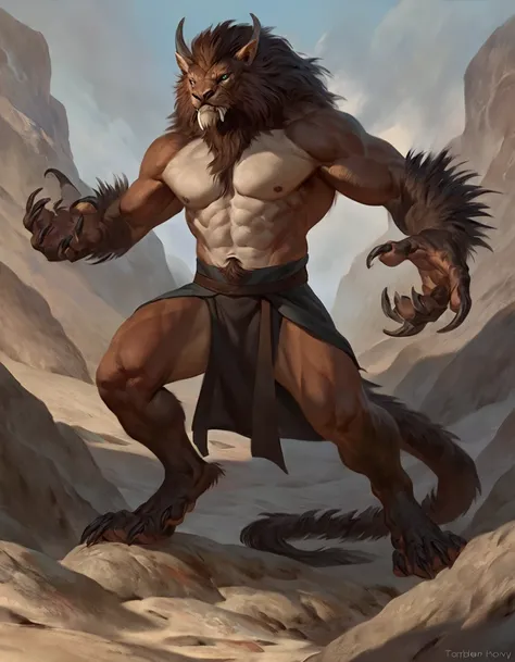 Manticore, comic book style, illustration, solo, ferocious, male, [[masculine pose]], monk, robes, masterpiece, best art, full body, by laobai, by taran fiddler, by honovy, detailed eyes, detailed body, claws, masculine body shape, fantasy, tall, topless, ...