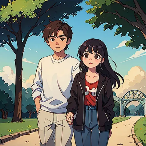 Chico y chica con cabello chino caminando juntos por el parque mientras conversan