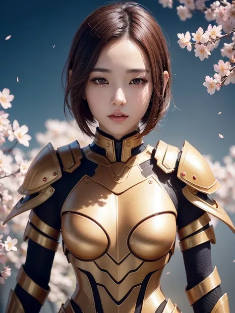 beautiful japanese young woman, wearing cyborg armor made of honey, thick symmetrical features, very short hair, background is cherry blossoms, pink aura, red lips, octane render,