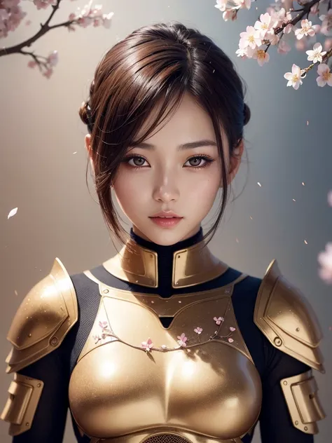 beautiful japanese young woman, wearing cyborg armor made of honey, thick symmetrical features, very short hair, background is cherry blossoms, pink aura, red lips, octane render,