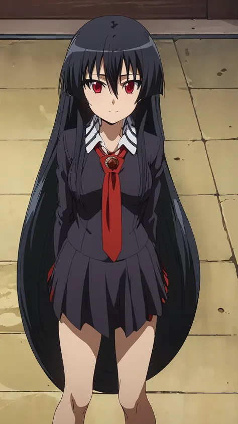 ((Master piece , best quality)) ,anime art style, perfect face, perfect eyes,(( 1girl,solo)), Akame,black hair, between eyes hair ,((very long hair)) , red eyes , looking at me ,smiling , blushing ,(((school girl outfit )))