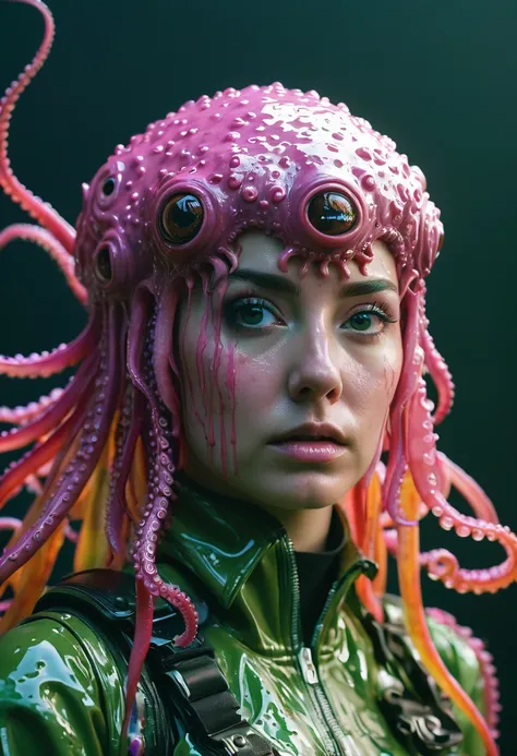 8K, ARTISTIC photogrAphy, best quAlity, mAsterpiece: 1.2), A (potrAit:1.2)  witch BLOOD  Cthulhu SOLDIER, EYES, PINK many octopus style tentacles, full body RAW candid cinema, GREEN hair, 16mm, color graded portra 400 film, remarkable color, ultra realisti...