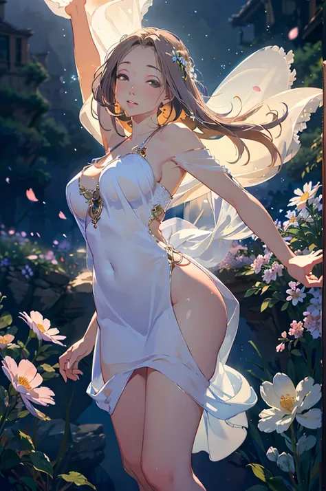 (best quality,4k,8k,highres,masterpiece:1.2),ultra-detailed,(realistic,photorealistic,photo-realistic:1.37),goddess, she is floating, she hovers over ground, sheer delicate silks, light source, gentle divine radiance, field of flowers, ethereal, graceful, ...