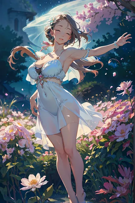 (best quality,4k,8k,highres,masterpiece:1.2),ultra-detailed,(realistic,photorealistic,photo-realistic:1.37),goddess, she is floating, she hovers over ground, sheer delicate silks, light source, gentle divine radiance, field of flowers, ethereal, graceful, ...