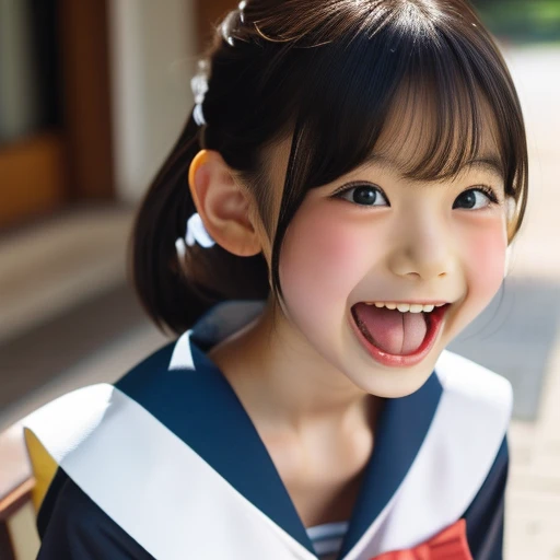 Japanese,10 years old,Short Bob,look up,Please open your mouth wide,Sticking out tongue,Showing tongue,cute,Summer sailor uniform,Look to the side,profile,Face close-up