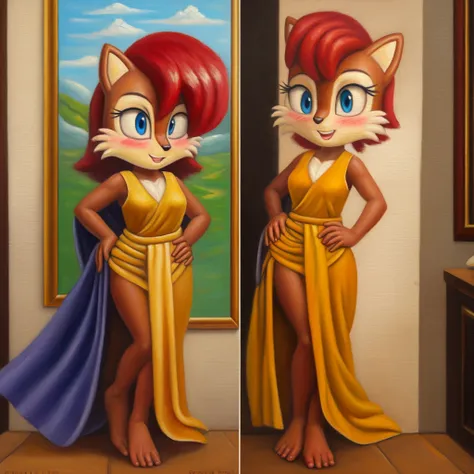 (((oil painting))), (biblically accurate Sally Acorn), (deep blush:1.3), toned body flying in the sky, full body shot, hands on own hips, long gown with pelvic curtain, gleeful,