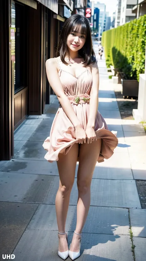 (Best quality, 8k, 32k, Masterpiece, UHD:1.2),Photo of Pretty Japanese woman,(sad smile,blush:1.1),looking at viewer,(beautiful detailed dress skirt:1.2),detailed legs,(spread legs:0.9),(lace panties:0.9),(wind lift:1.6), full body,windy,city,outdoors